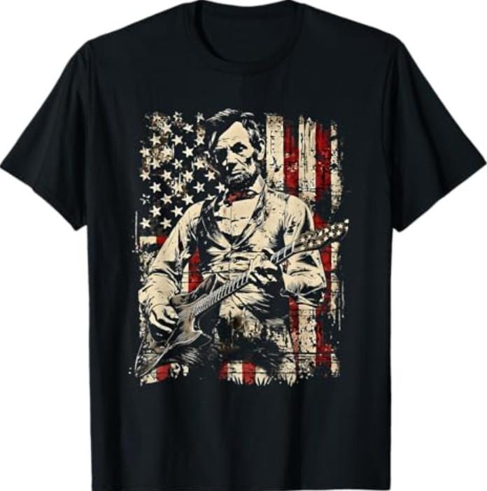 Abraham Lincoln Playing Guitar Retro Vintage USA Flag Black T-Shirt S