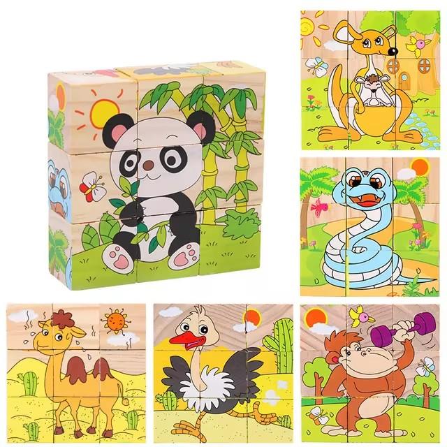 Wooden Six Sided 3D Cube Jigsaw Puzzles Children Kids Toys Animal Fruit Traffic Cognize Early Learning Educational Toys Fun Game