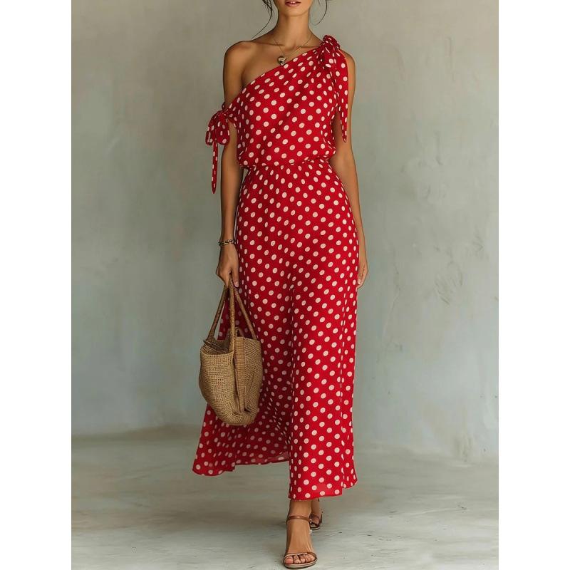

Hot Sale Spring and Summer Fashion Versatile Printed Polka Dot Off Shoulder Shoulder Dress Women s Dress 5XL червоний