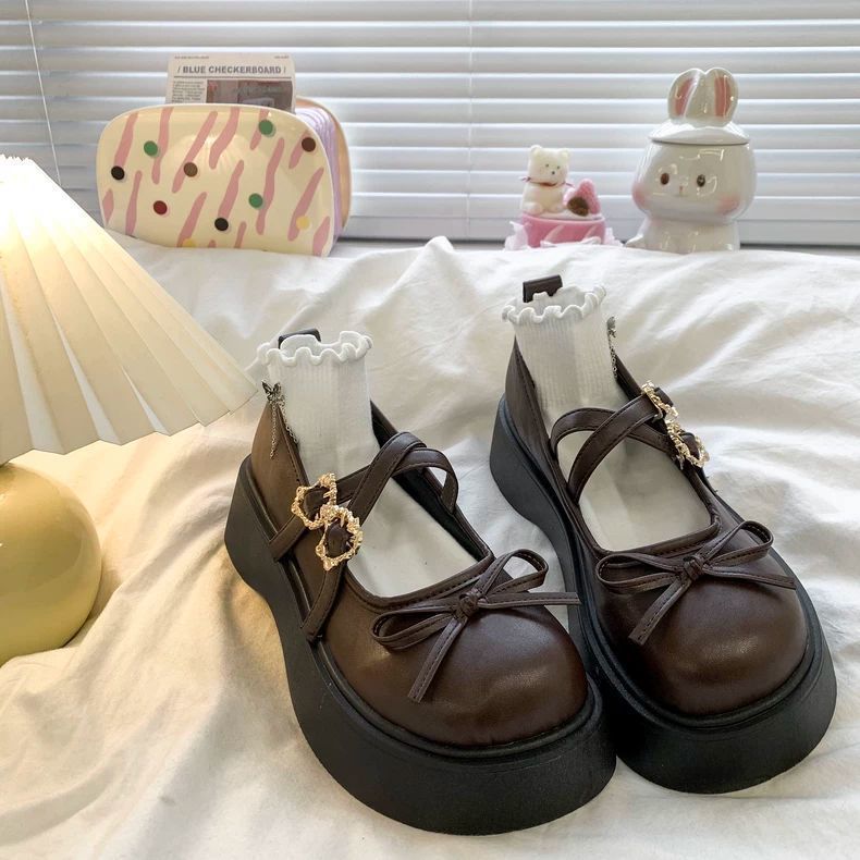 Vintage Round Head Heightening Lolita Small Leather Shoes Women's Autumn Sweet Bow Versatile Mary Jane Single Shoes