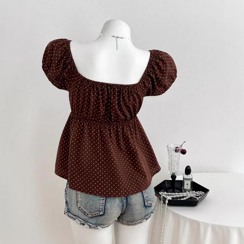 Women Casual Fashion Polka Dot U Neck Waist Cinched Short Sleeve T Shirt