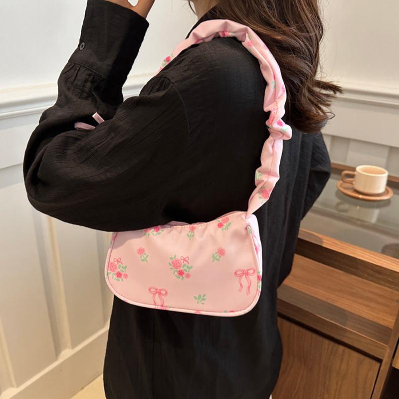 Unique Wrinkled Drawstring Floral Handbag Stylish Versatile Shoulder Underarm Purse Bag For Women