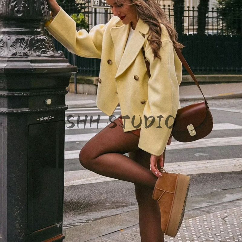 Autumn New Arrival Women clothes Retro Loose Casual Double Breasted Short Lapel Suit Top Woolen Jacket