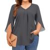 Women's Solid Color V-neck Plus Size Tops 3/4 Sleeves Elegant Shirt Tops