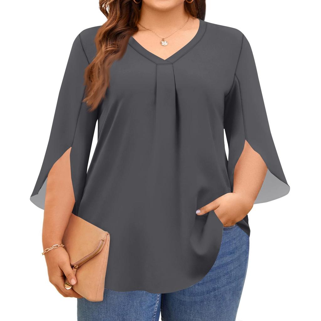 Women's Solid Color V-neck Plus Size Tops 3/4 Sleeves Elegant Shirt Tops