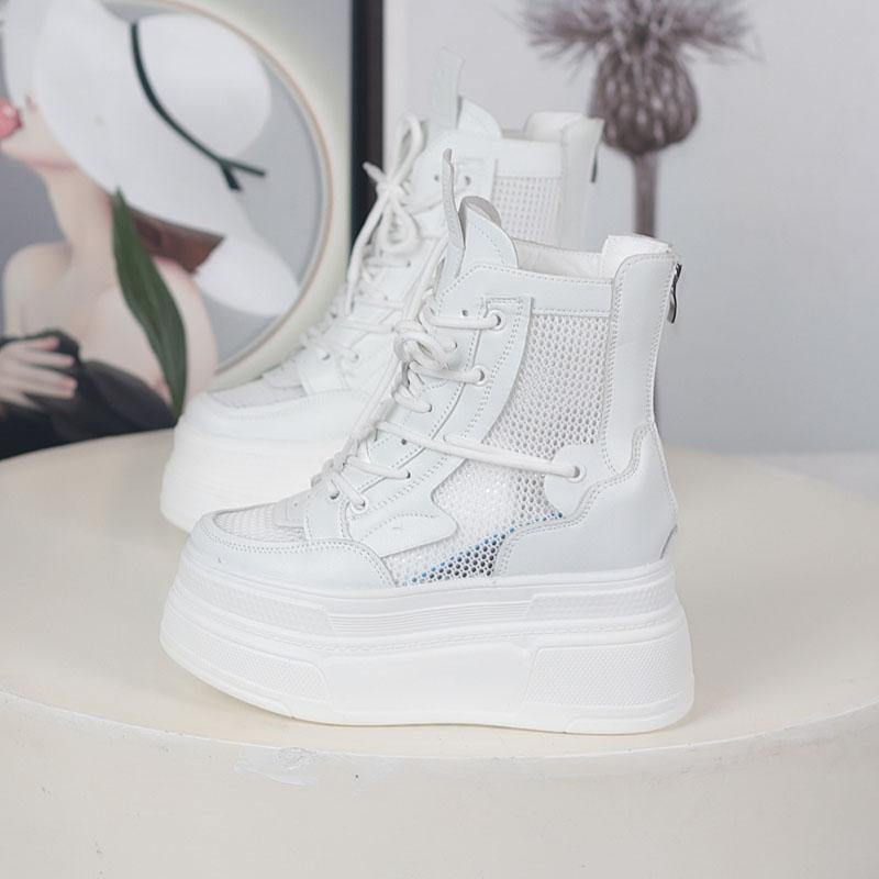 Fashion 12CM Air Mesh Microfiber Synthetic Chunky Sneakers Spring Shoes Leather Ankle Booties Women Vulcanize Boots Autumn