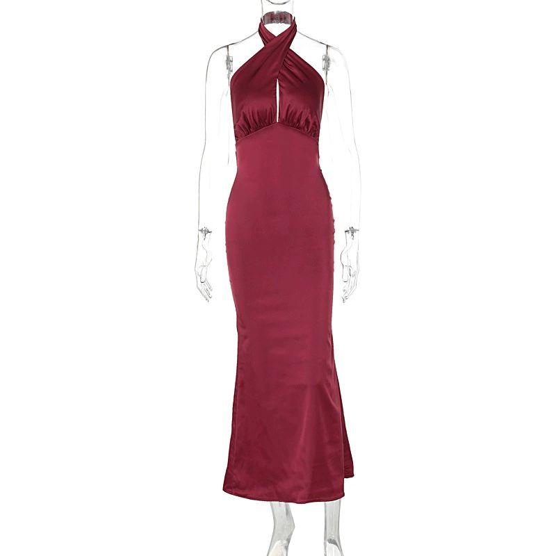 

Western Style Ins New Fashion Temperament Sleeveless Hanging Neck Long dress Sexy Backless Elegant Lace-up Formal Dress Dress Burgundy L