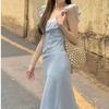 Coffee Break French Floral Dress Children's Summer New Yellow Flying Sleeves Waist Thin Temperament Suspender Dress