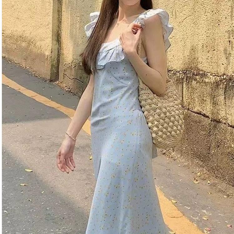 Coffee Break French Floral Dress Children's Summer New Yellow Flying Sleeves Waist Thin Temperament Suspender Dress