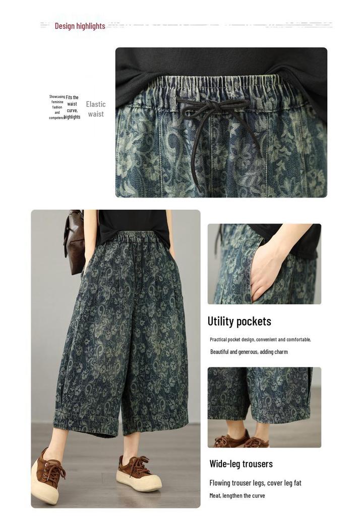 Nieuwe Plus Size Bloemen Jacquard Zacht Denim Wijde Pijp 7/8 Broek - Casual Zomer Mode