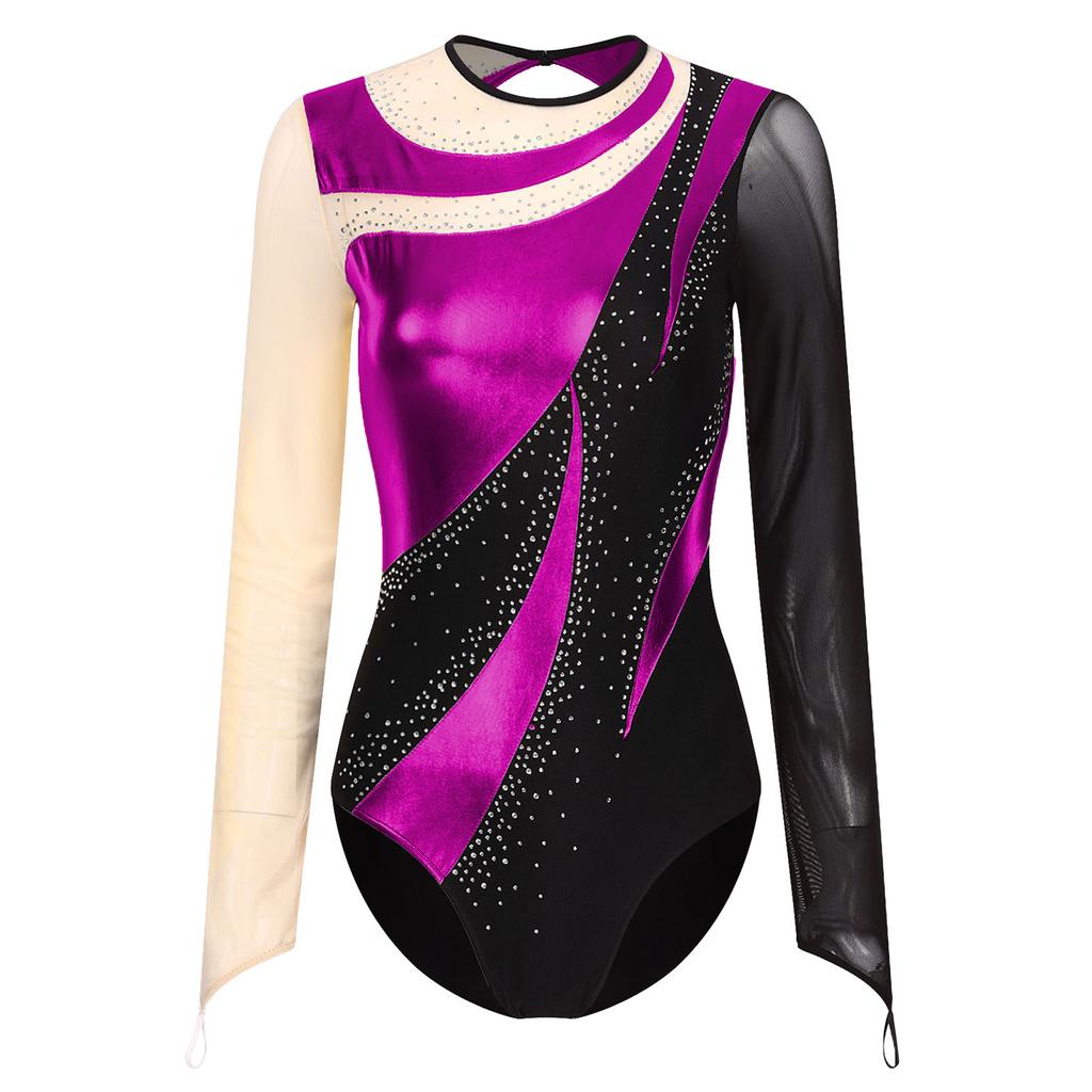 Womens Gymnastics Performance Metallic Patchwork Sheer Mesh Long Sleeve Leotard Cutout Back Shiny Rhinestone Bodysuit Dancewear