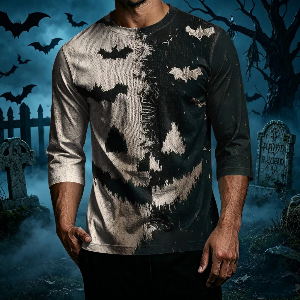 Men's Casual Halloween Print Patchwork Crew Neck T Shirt Three Quarter Sleeve Top Comfortable Fit Lightweight Fabric
