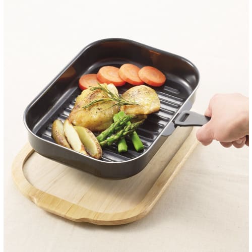 Pearl Metal Easy Cooking Square Grill Pan Wooden Plate, 25 X 17cm, HB-997