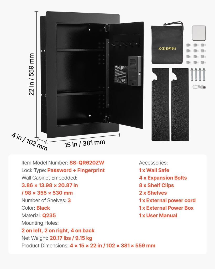 Wall Safe, 3-Tier Hidden Wall Safe with Fingerprint, Password, Key & Turning Knob, Q235 Cold-Rolled Steel In-Wall Box with Adjustable Shelves & Key