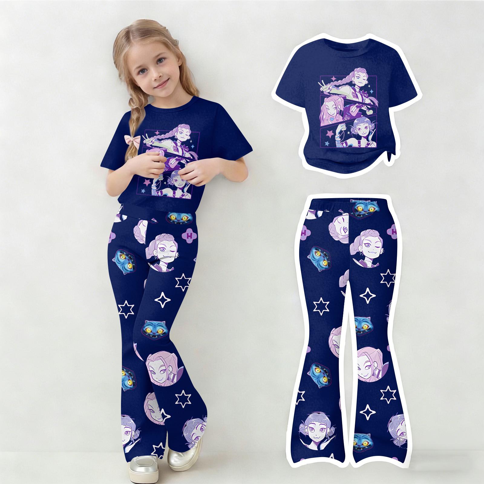 

Children s Summer Sports T-Shirt And Bell-Bottom Pants Two-Piece Athletic Set Short Printed Clothing Set 140 Темно-синій