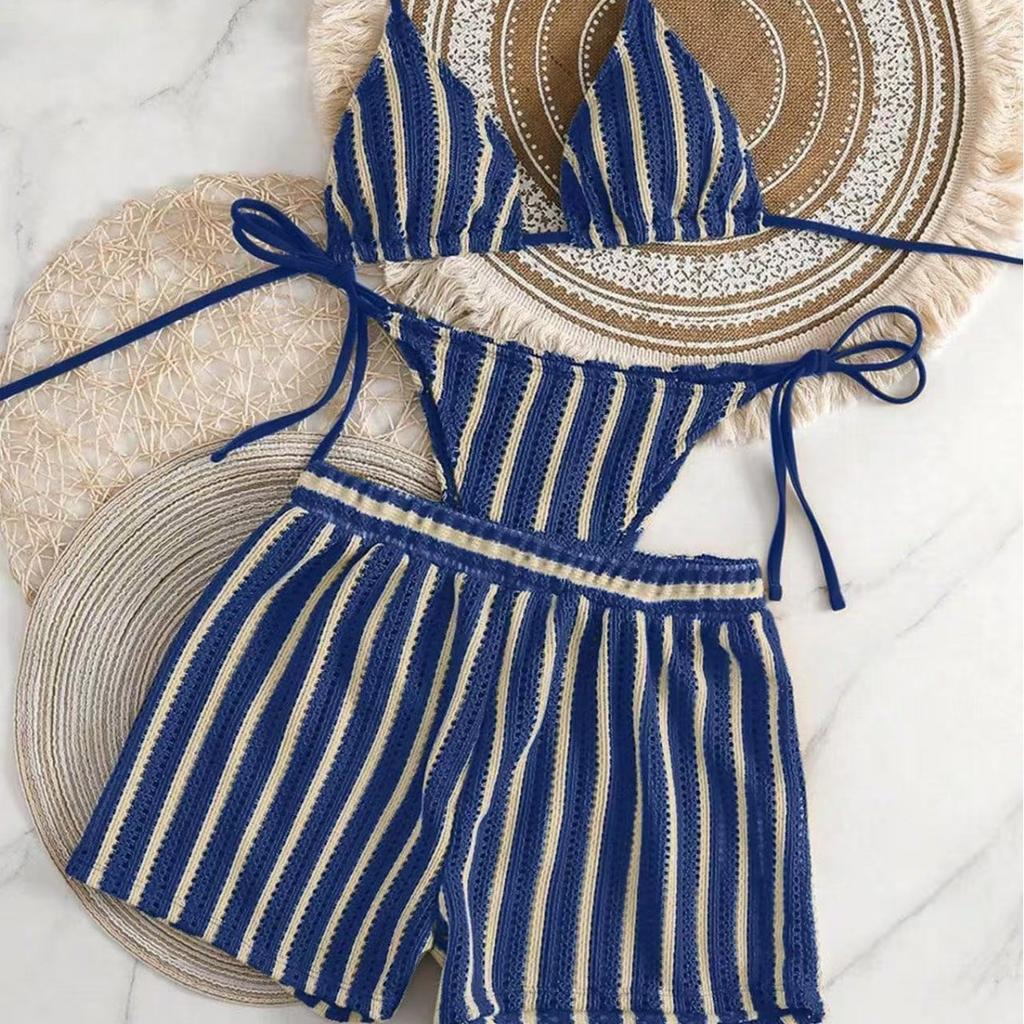 Style Boxer Shorts Mesh Three-piece Women's Swimsuit Neck Lace-up Bikini Set