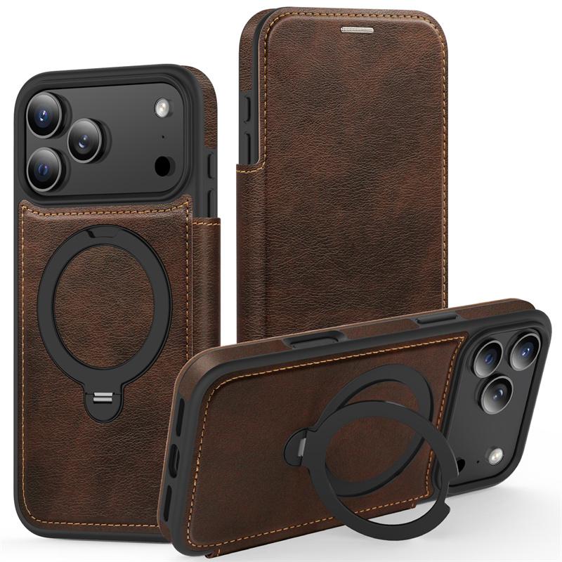 luxury PU Leather Card Wallet Flip Case For iPhone 12 13 14 15 16 17 Pro Max Magnetic Magsafe 360 Rotat Metal Ring Bracket Cover