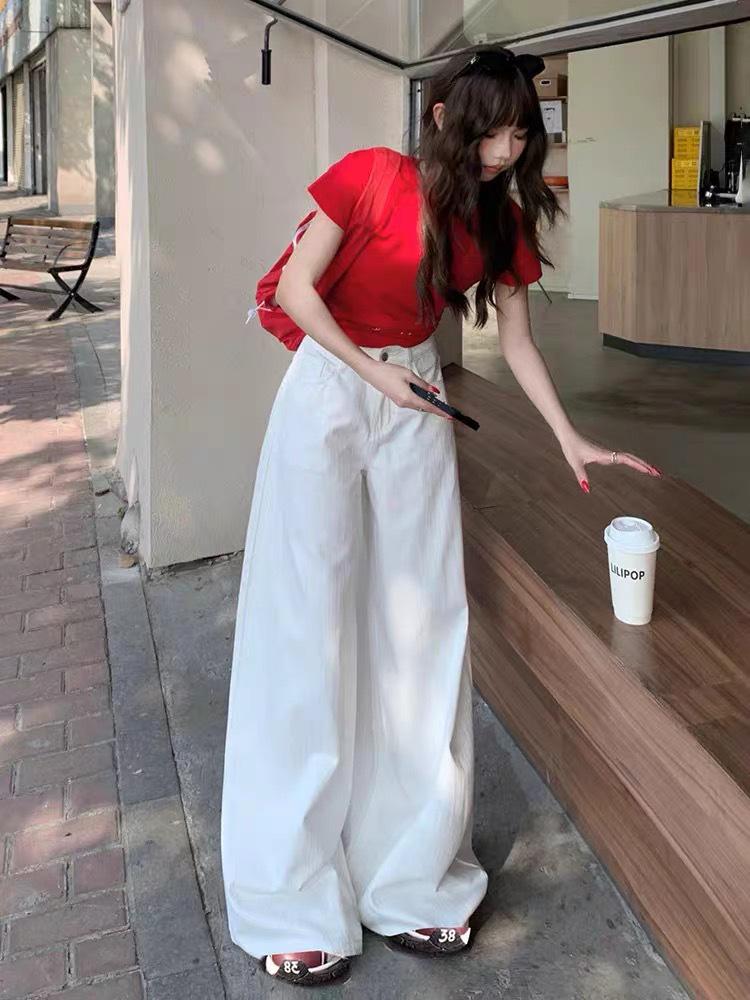Plus Size High Waist Retro White Wide-Leg Jeans for Women - Summer 2025 Trendy Slimming Floor-Length Pants
