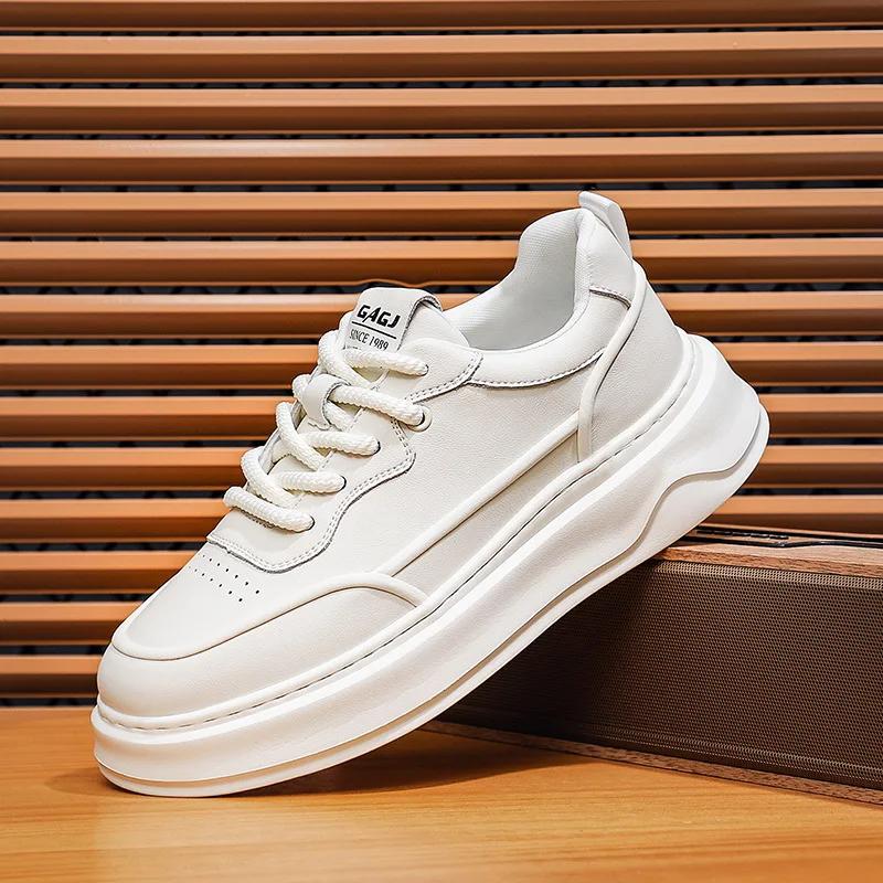 European New Shoes for Men Genuine Leather Casual Platform Shoes Fashion Flat Skateboard Shoes Lace-up Sneaker