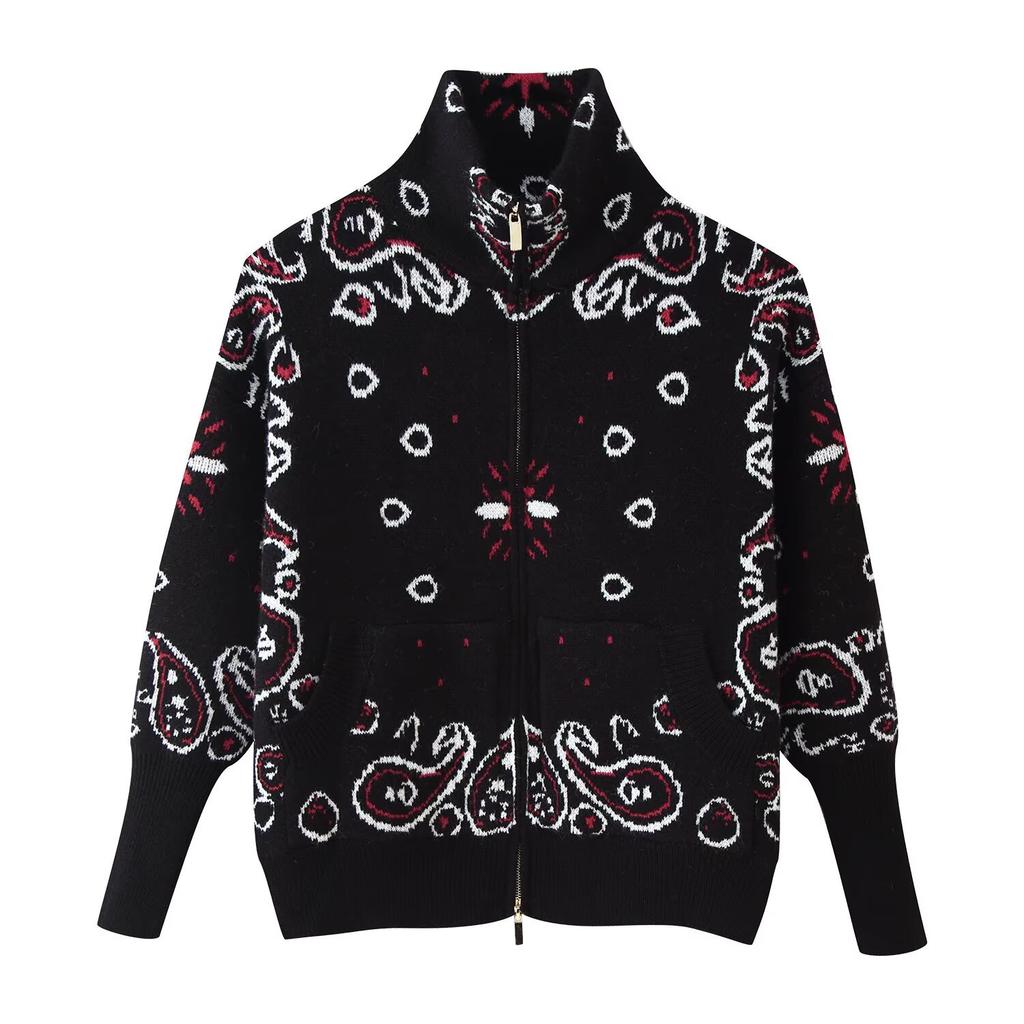 Women Long Sleeve Knit Cardigan Jacket Zipper Decor Geometric Pattern Loose Fit