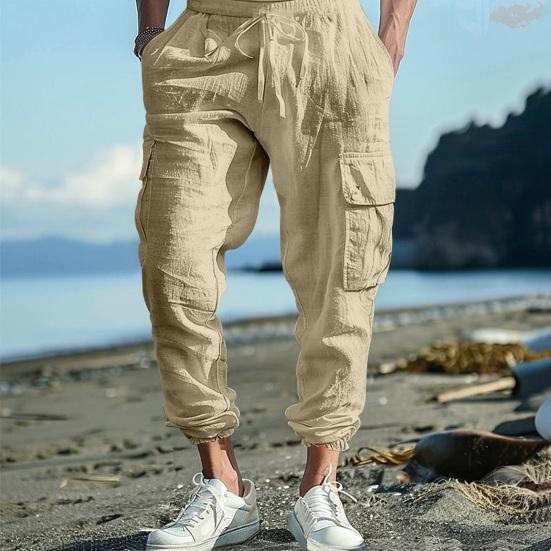 Men Casual Cargo Pants Drawstring Waist Jogger Pants Tapered Loose Fit Trousers with Multiple Pockets for Sports Gym Workout Street Daily Wear