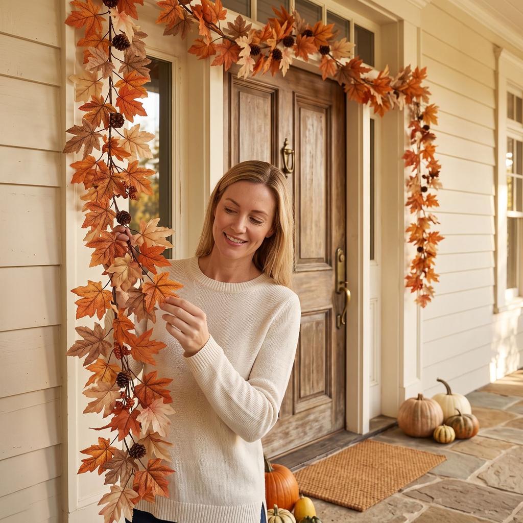Artificial Maple Leaf Garland for Fall Thanksgiving Decor - Faux Wreath for Front Door Hanging