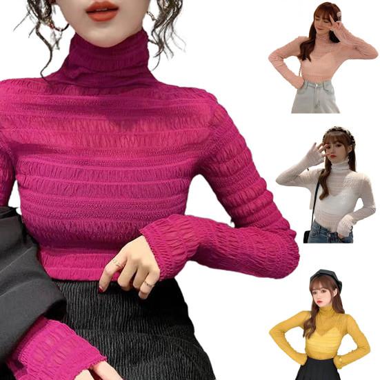 

Женская осенняя однотонная блузка с воротником-стойкой и прозрачной основой M фиолетовый