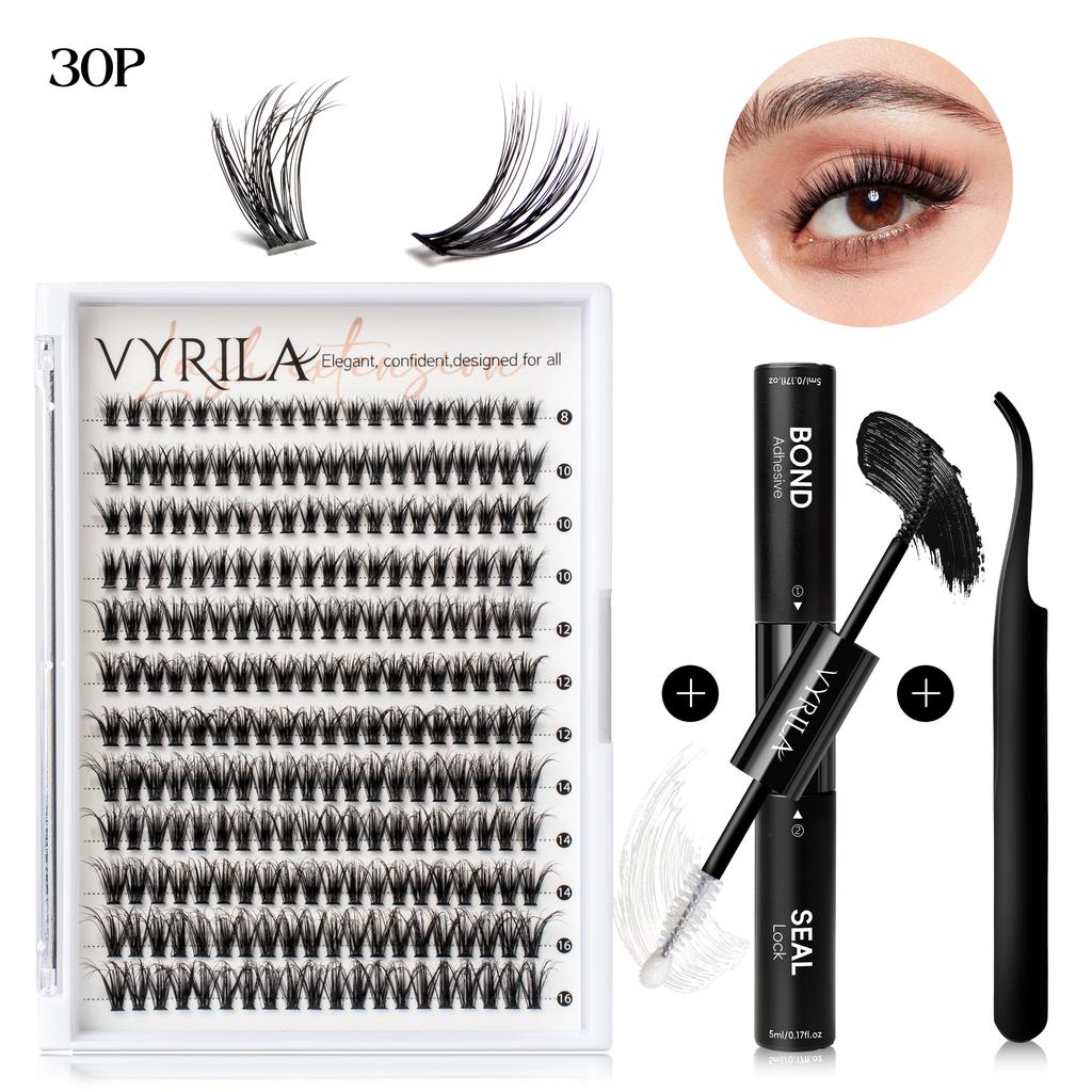 VYRILA Lash Extension Kit Wispy C Curl Lash Clusters Kit Hush 8-16mix Individual Lashes with Lash Bond and Seal Lash Tweezers