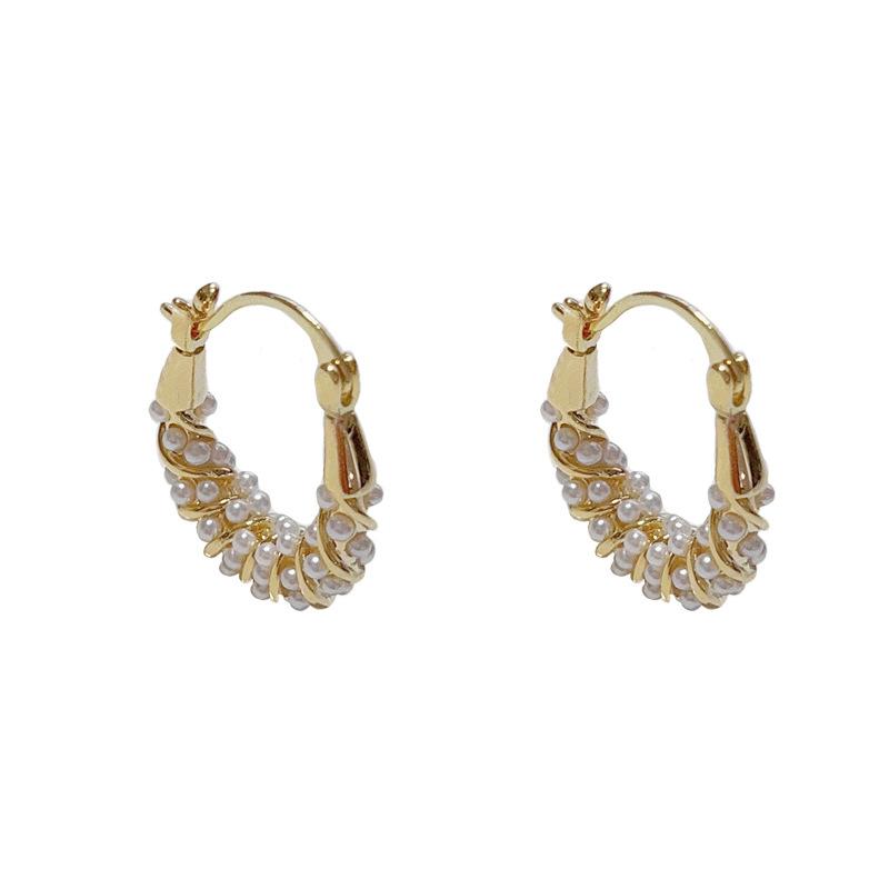 French Retro Elegant Pearl Twisted Hoop Earrings Women Fashion Jewelry золотой