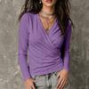 Women's Casual Long Sleeve Cross V-Neck Pleated T-Shirt for Fall