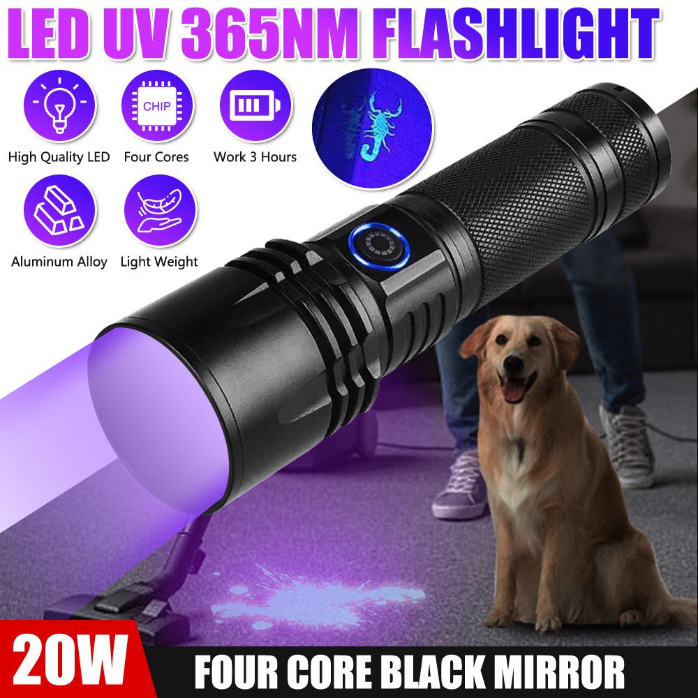 Lanternă UV 20W, 365nm, lumină neagră, lampă Woods, reîncărcabilă prin USB, lanternă cu ultraviolete, pipi pentru animale de companie, urină, pietre prețioase, detector de bani