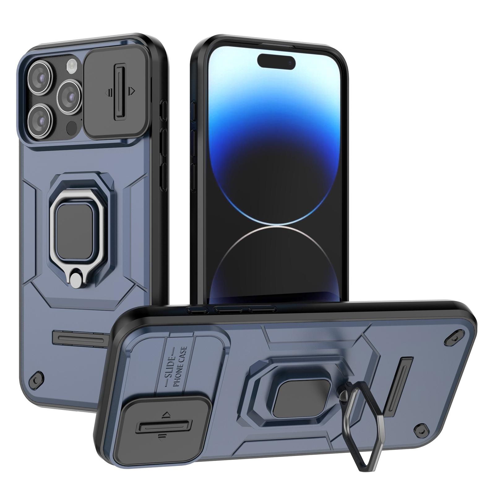 

For iPhone 15 Pro Kickstand Phone Case with Slide Lens Cover PC+TPU Shockproof Rugged Shell Blue