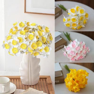 6PCS/Bundle Yellow Artificial Narcissus Flower White Decor Silk Flower  Home Decoration