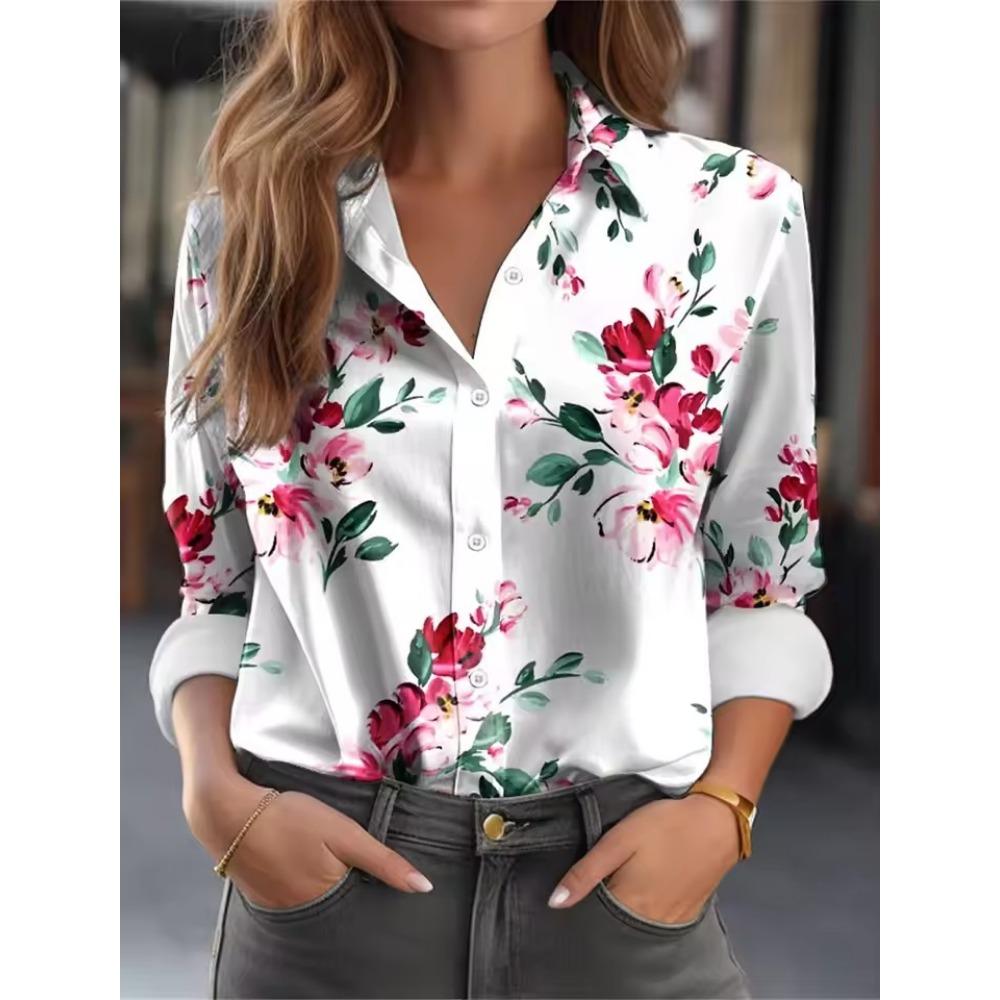 Women Casual Feather Print Turn Down Collar Long Sleeve Shirt White Pink Blue for Autumn Woman Clothing