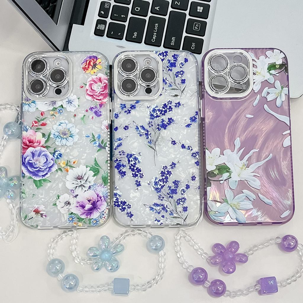 For Apple 16E Flower Phone Case for IPhone 15 Promax with Bracelet Sparkling Pink Lens Film Hard Case