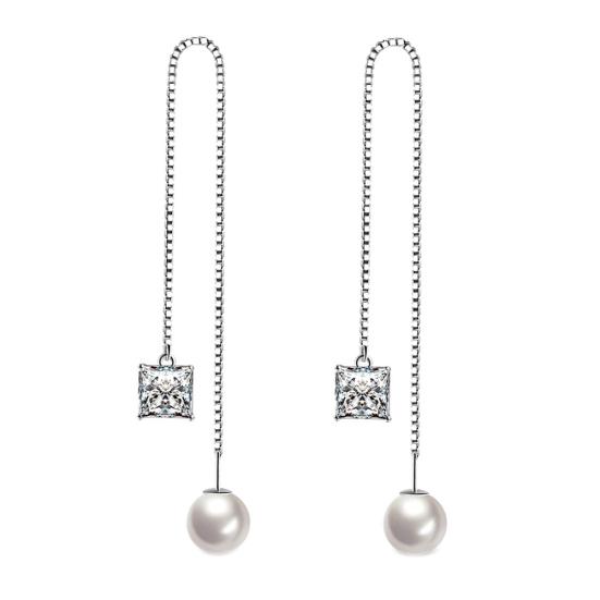 

Жіночі посріблені сережки з тонким ланцюжком і висячими довгими сережками білий