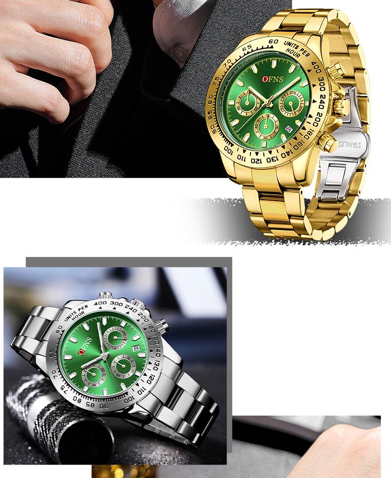 OFNS Men's Quartz Watch: Fashionable Business Design, Six-Hand Dial, Calendar, Solid Steel Band, Waterproof.