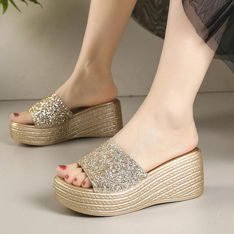 Fashion Luxury Sequins Band Open Toe Slippers Women Fashion Wedge Thick Platform Sandals Woman Plus Size Daily High Heel Slides Mujer