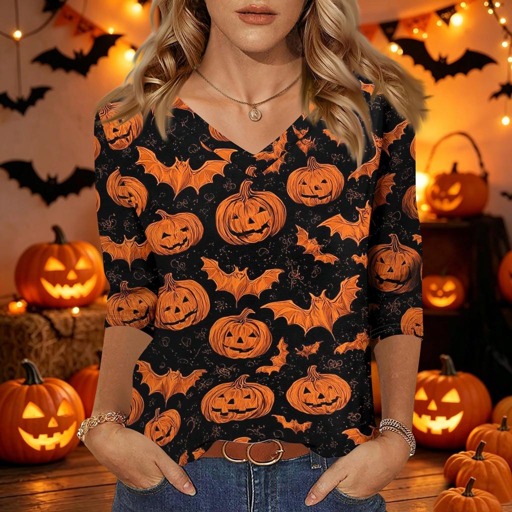 Damen Freizeit Halloween Aufdruck V-Ausschnitt Dreiviertelarm Oberteil Leicht Bequeme Passform Stilvolles Design für den Alltag