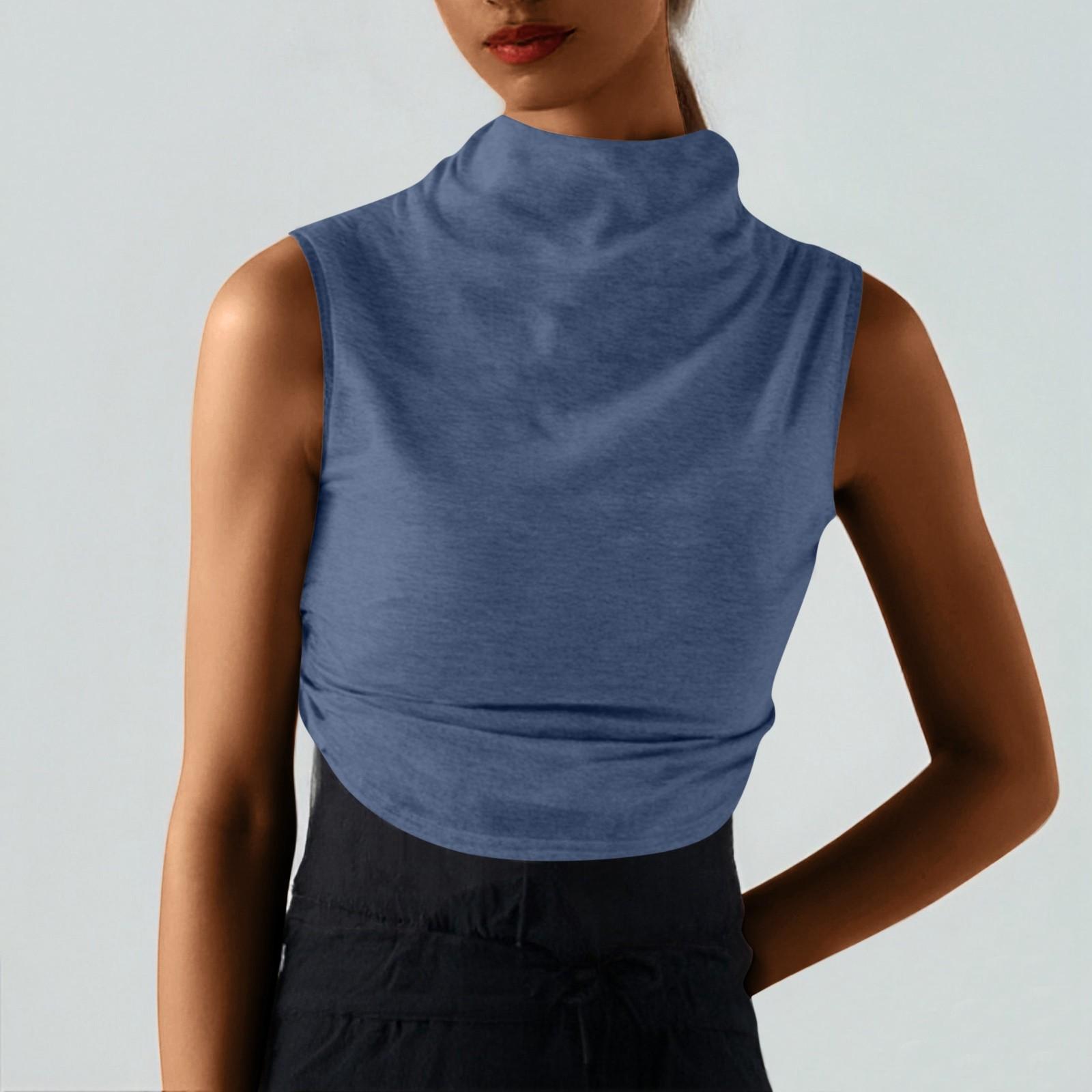 

Women s Solid Color Semi-high-neck Sleeveless Vest Pleated Top T-shirt S Темно-синій