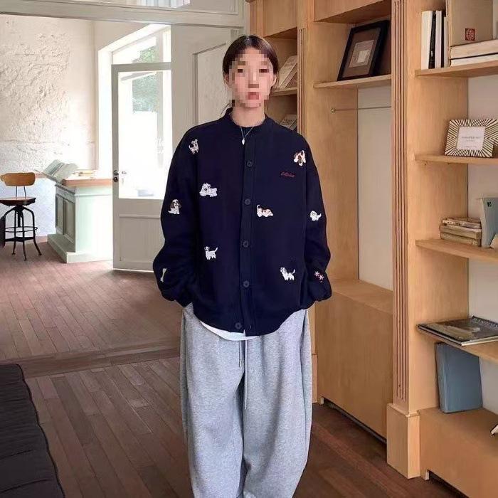 Cartoon Puppy Embroidered Stand Collar Unisex Cardigan Jacket - Autumn/Winter Style