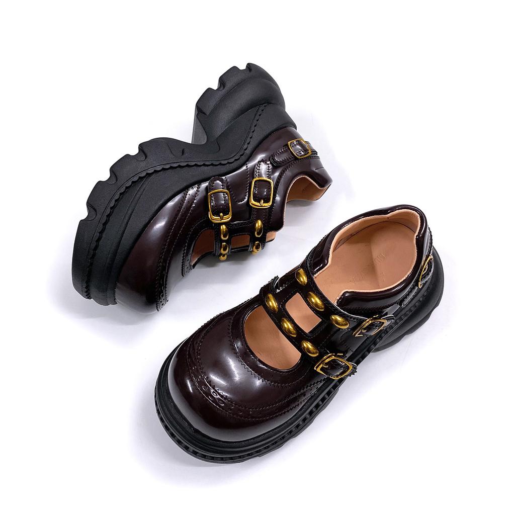 Frühling und Sommer Mehrfachschnallen Gürtel Dicke Sohle Mary Jane Retro Hohl Einzelne Schuhe Höherlegung College Leder Schuhe