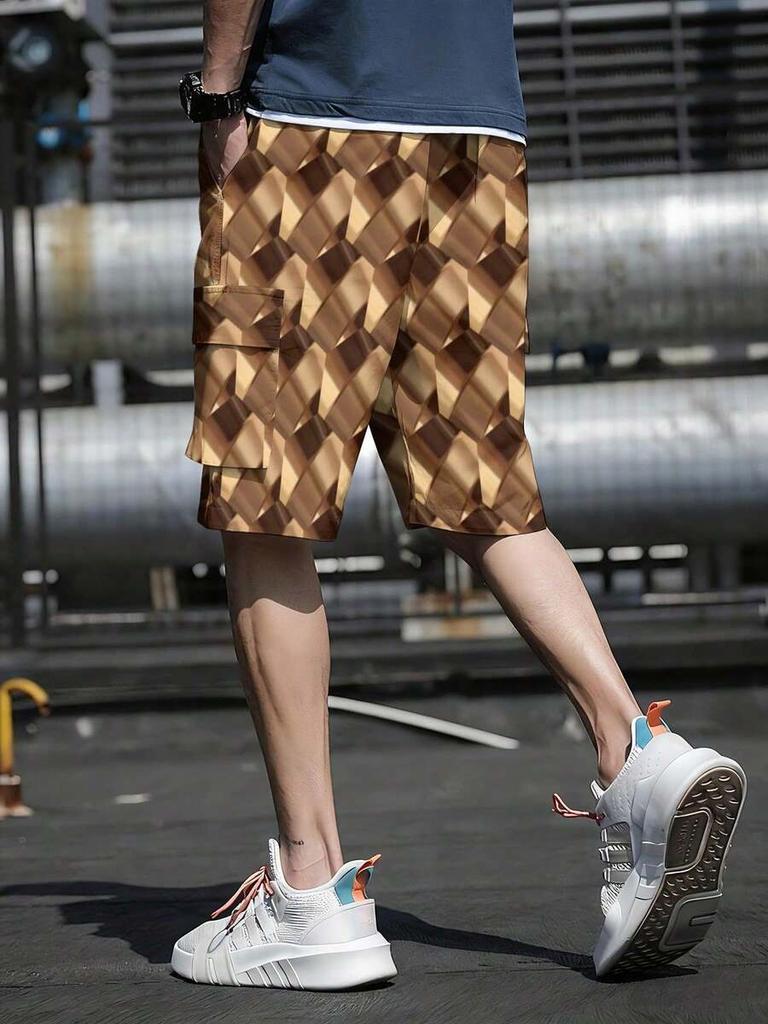 One 3D Geometric Woven Fabric 3D Texture Men's Daily Casual Streetwear Summer Brown With Gold & Brown 3D Geometric Men's Cargo Shorts