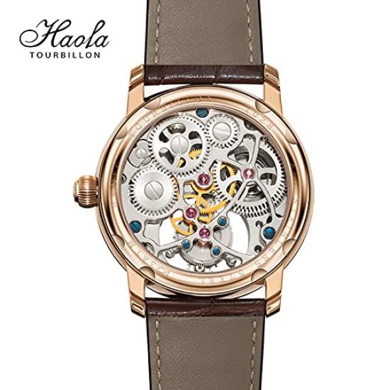 HAOFA Tourbillon Watch Mechanical Moon Phase GMT Genuine Leather Strap Hollow Engraved Dial Business Stylish Waterproof Arm Watch Men's Men's