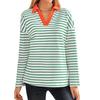 Spring Autumn Women's Striped V-Neck Loose Sweatshirt Lapel Sweatshirt