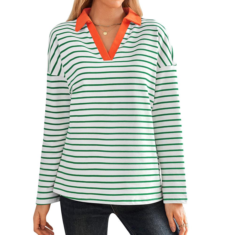 Spring Autumn Women's Striped V-Neck Loose Sweatshirt Lapel Sweatshirt