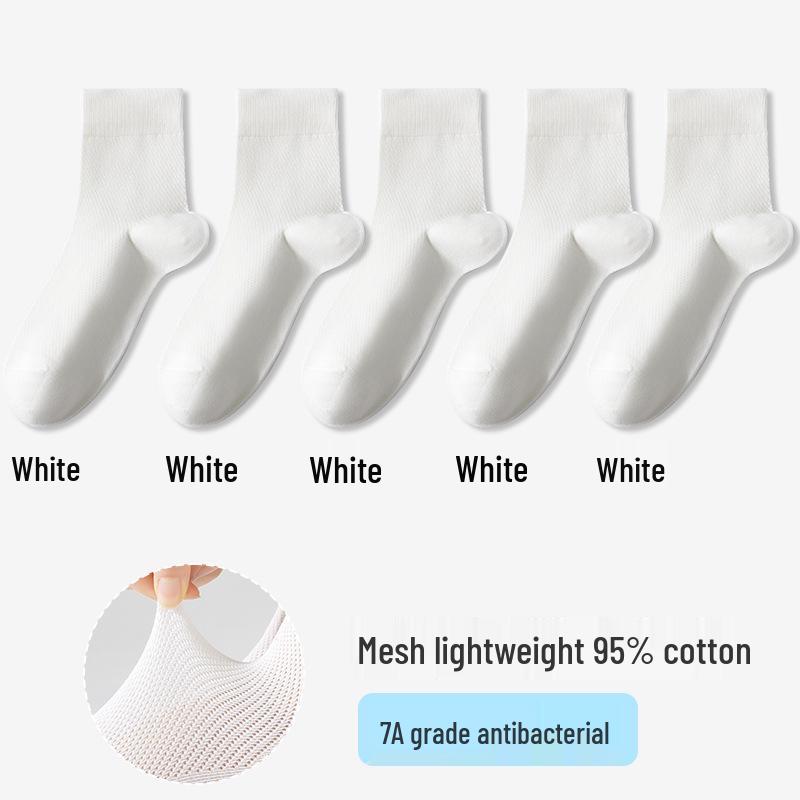 Women's Summer Cotton Mesh Mid-Calf Socks - Sweat-Absorbent, Odor-Resistant, Breathable, Non-Slip, Boneless, White.