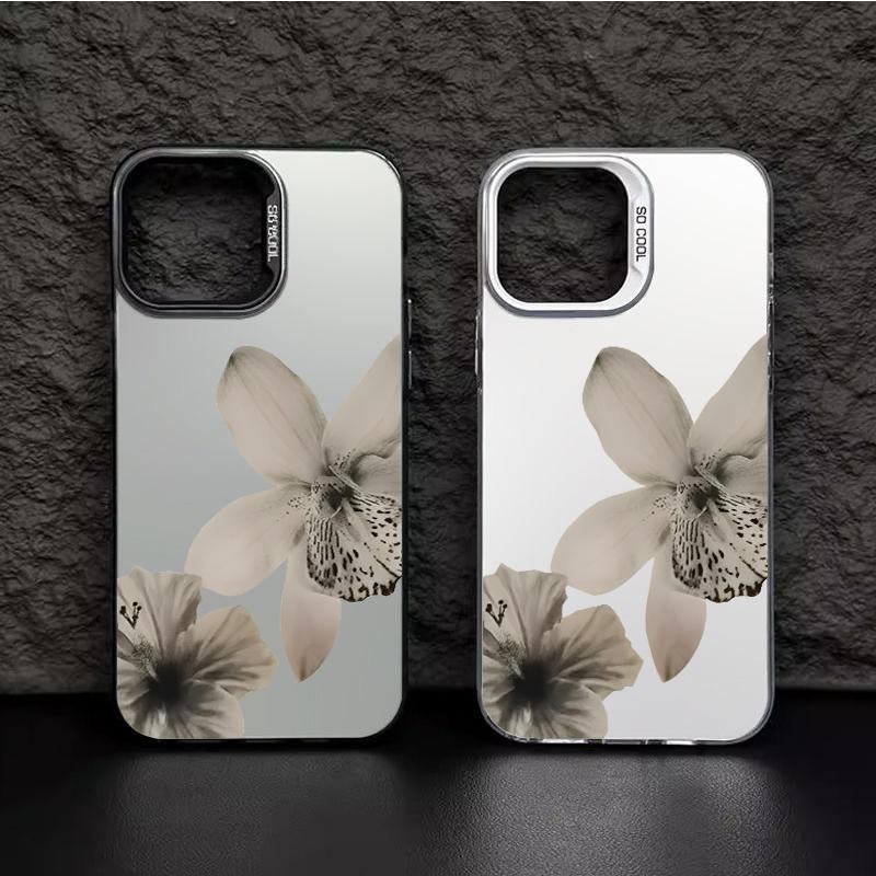 Luxury Black White Floral Pattern Phone Case For iPhone 17 Air 16 15 14 Pro Max 12 13 16 Plus Color Silver Electroplating Cover
