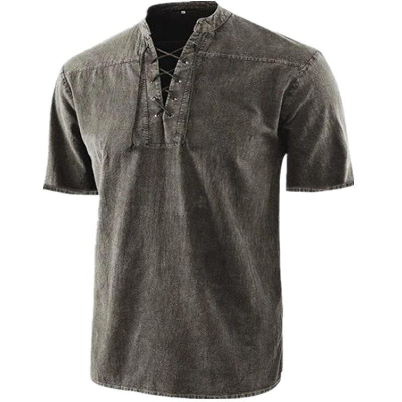Summer Men's Cotton Linen 100% Shirt Solid Color Lace-up Turn-down Collar Shirt Linen Shirt Top