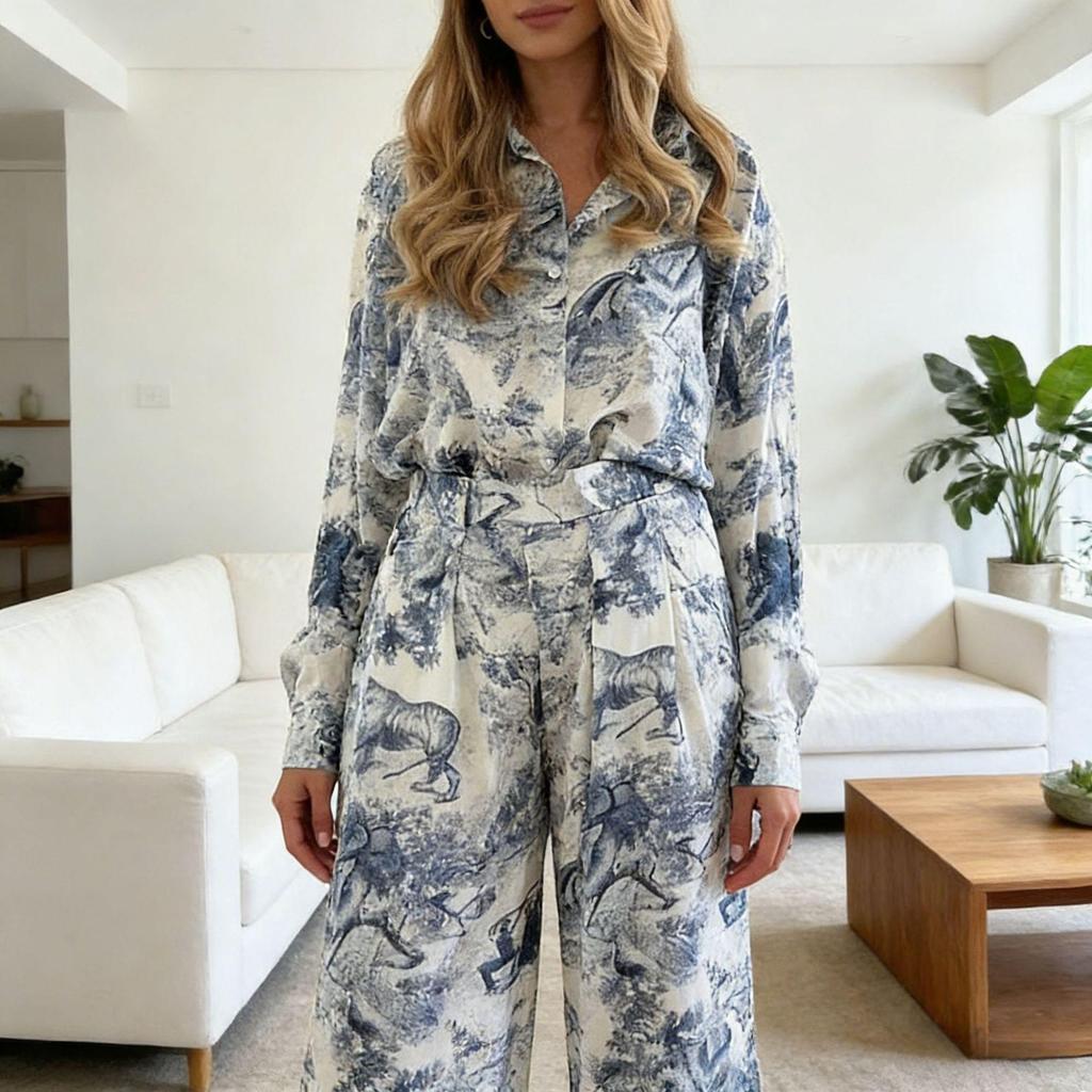 Spring/Summer Light Luxury Printed Cardigan & Casual Two-Piece Set - Women's European & American Style